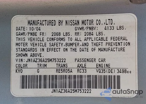 2005 Nissan 350Z Touring from USA, damaged, VIN JN1AZ36A25M753222